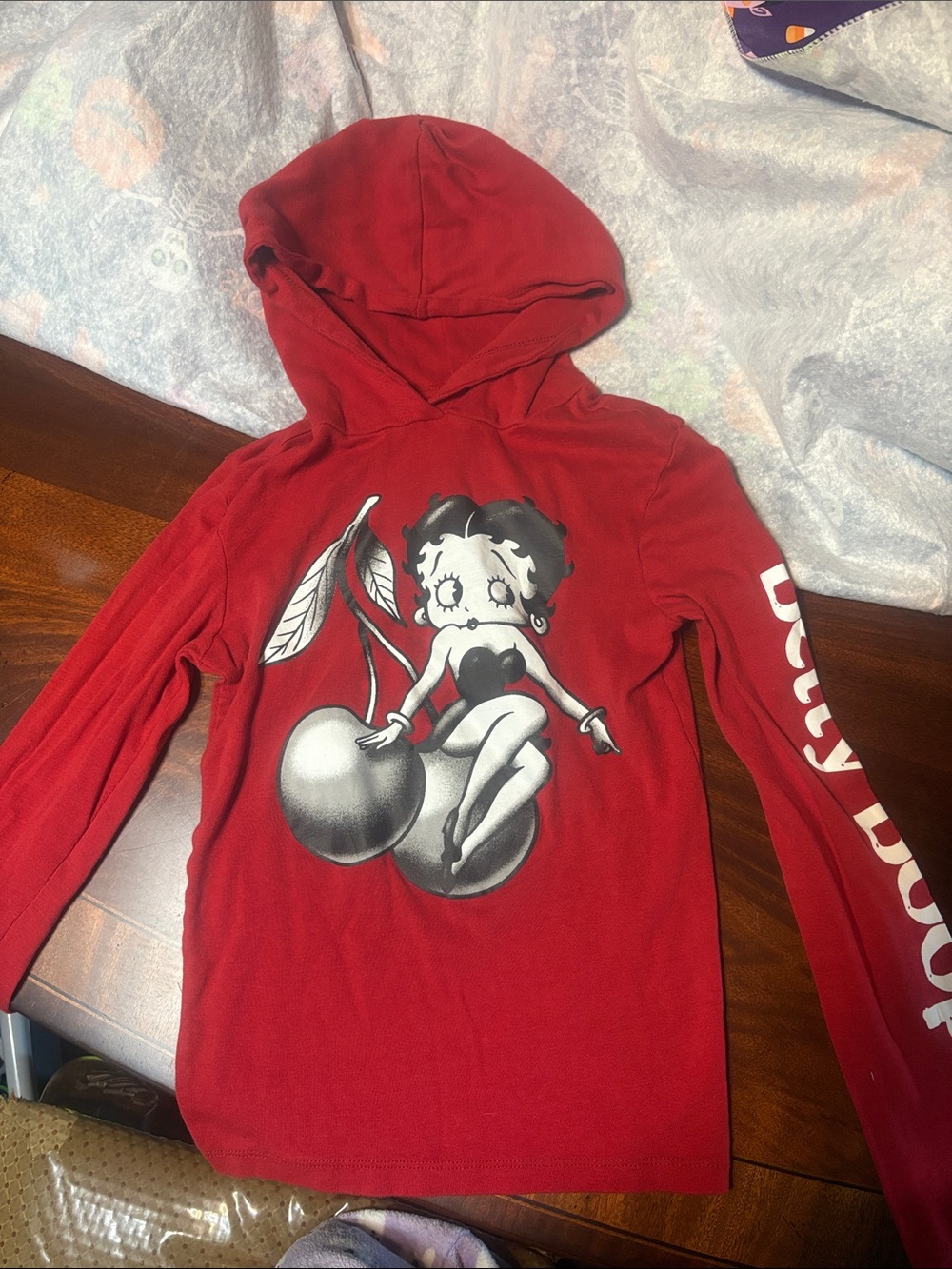 Betty Boop Red Girls' Hooded Long Sleeve Top with Graphic